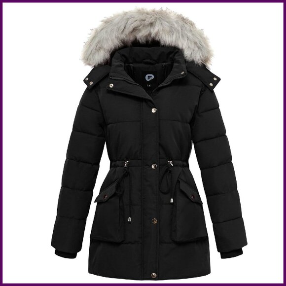 Women's Waterproof Down Puffer Parka with Removable Hood Mid-Length Winter Coat